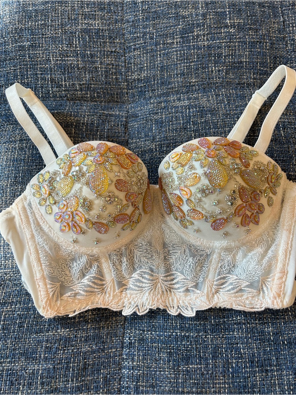 Vintage Y2K Bebe Embellished Lace Bustier Bra Top in Cream